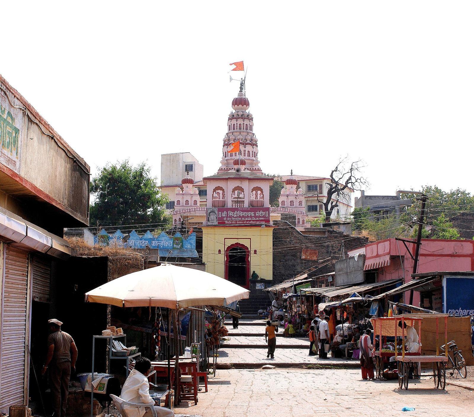 Shri Siddhivinayak temple on the hill at Siddhatek, with a shikhara above the sanctum